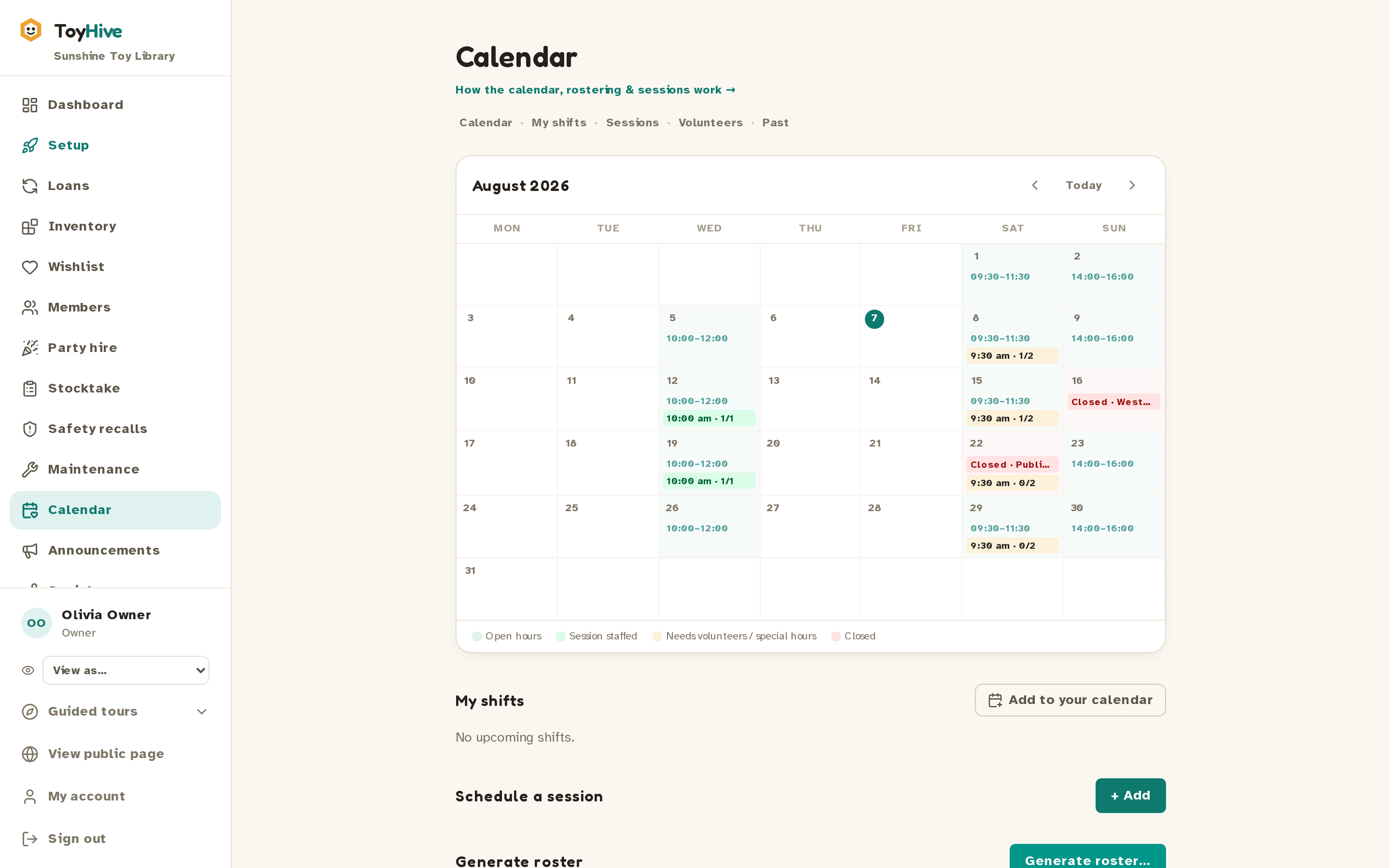 The calendar with open hours, sessions and volunteer shifts