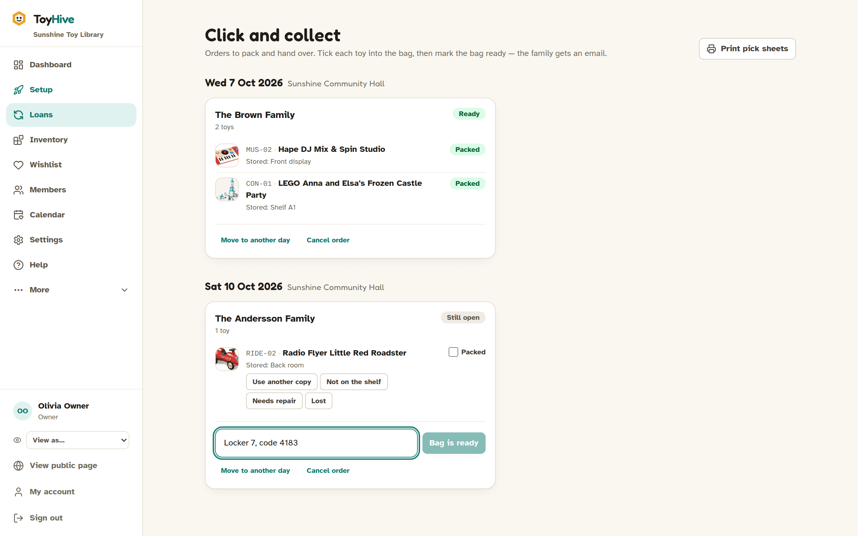 The click-and-collect pick list, with a locker number and code typed into the note for the family