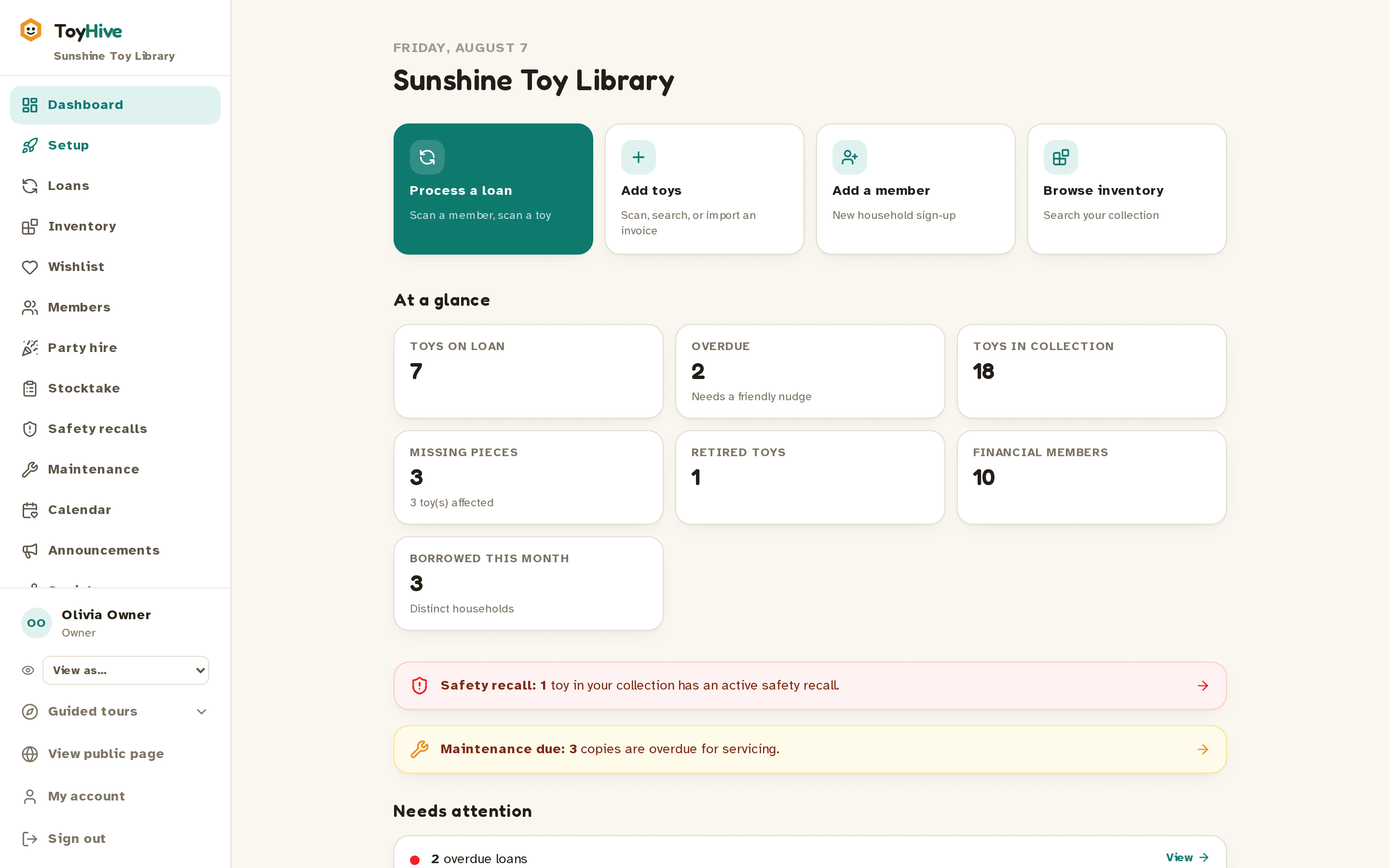 The ToyHive dashboard with live library stats