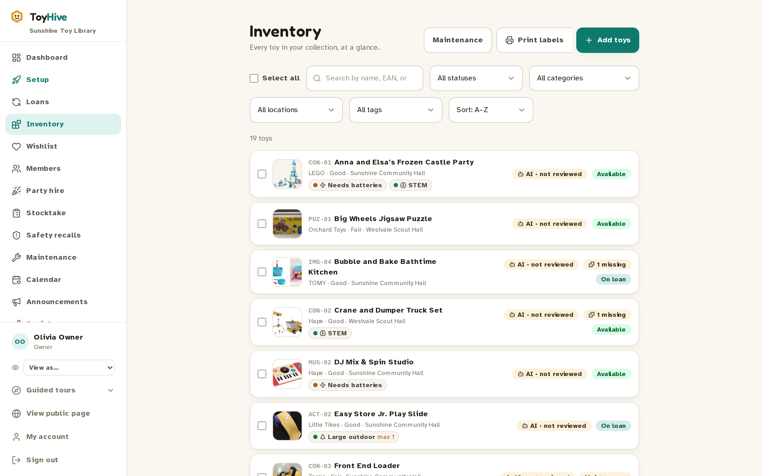 The toy inventory with photos, statuses and storage locations