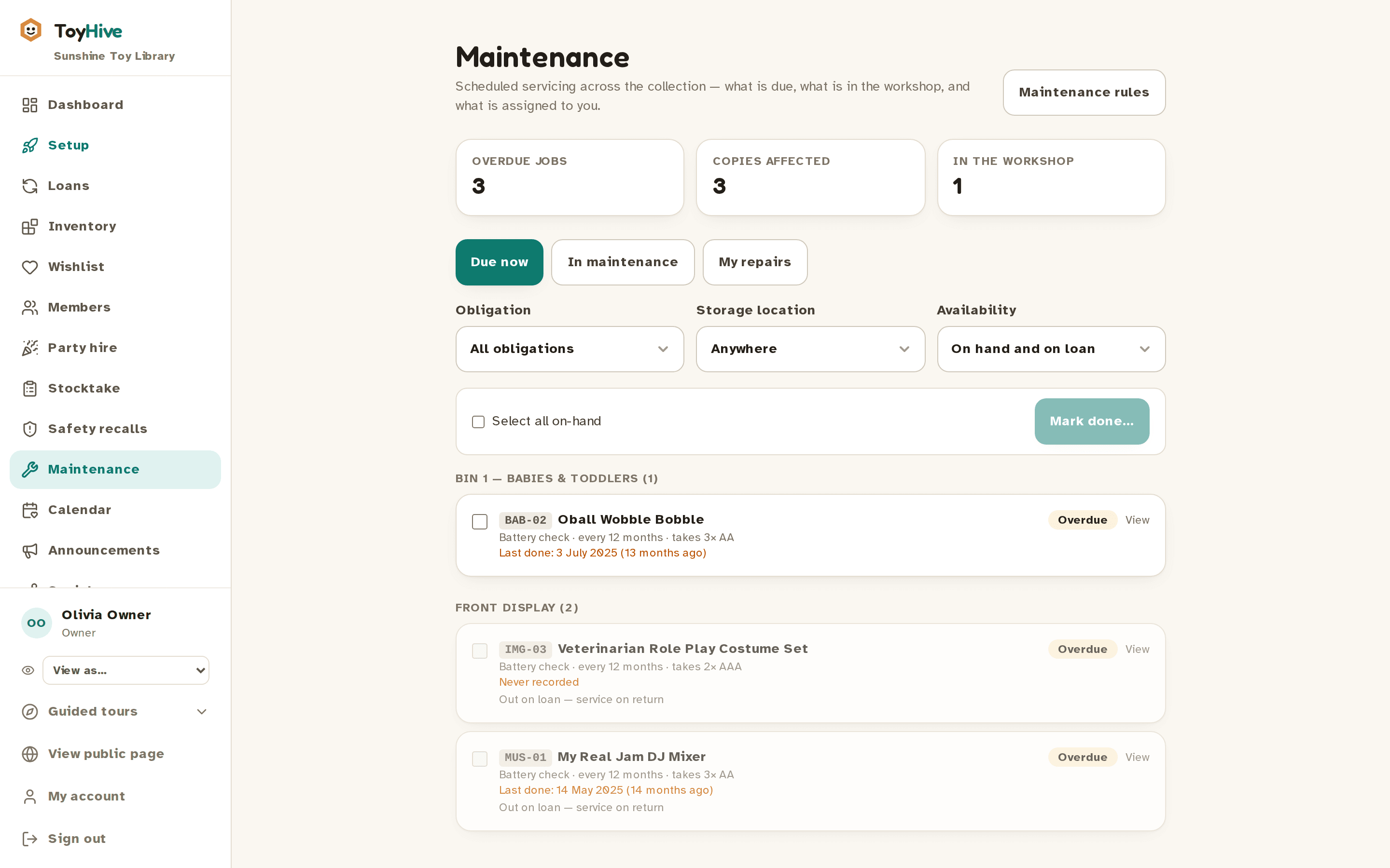 The maintenance board listing due battery checks and test-and-tag jobs