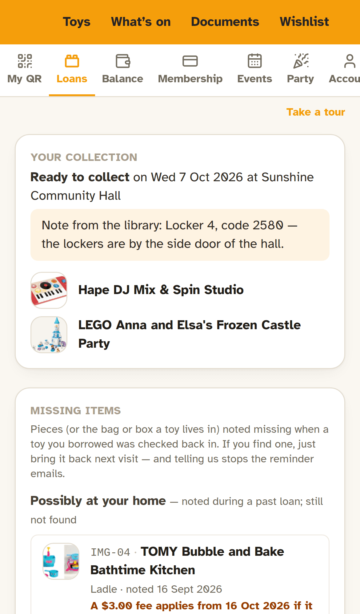 A family’s portal on a phone: the bag is ready to collect from locker 4, code 2580