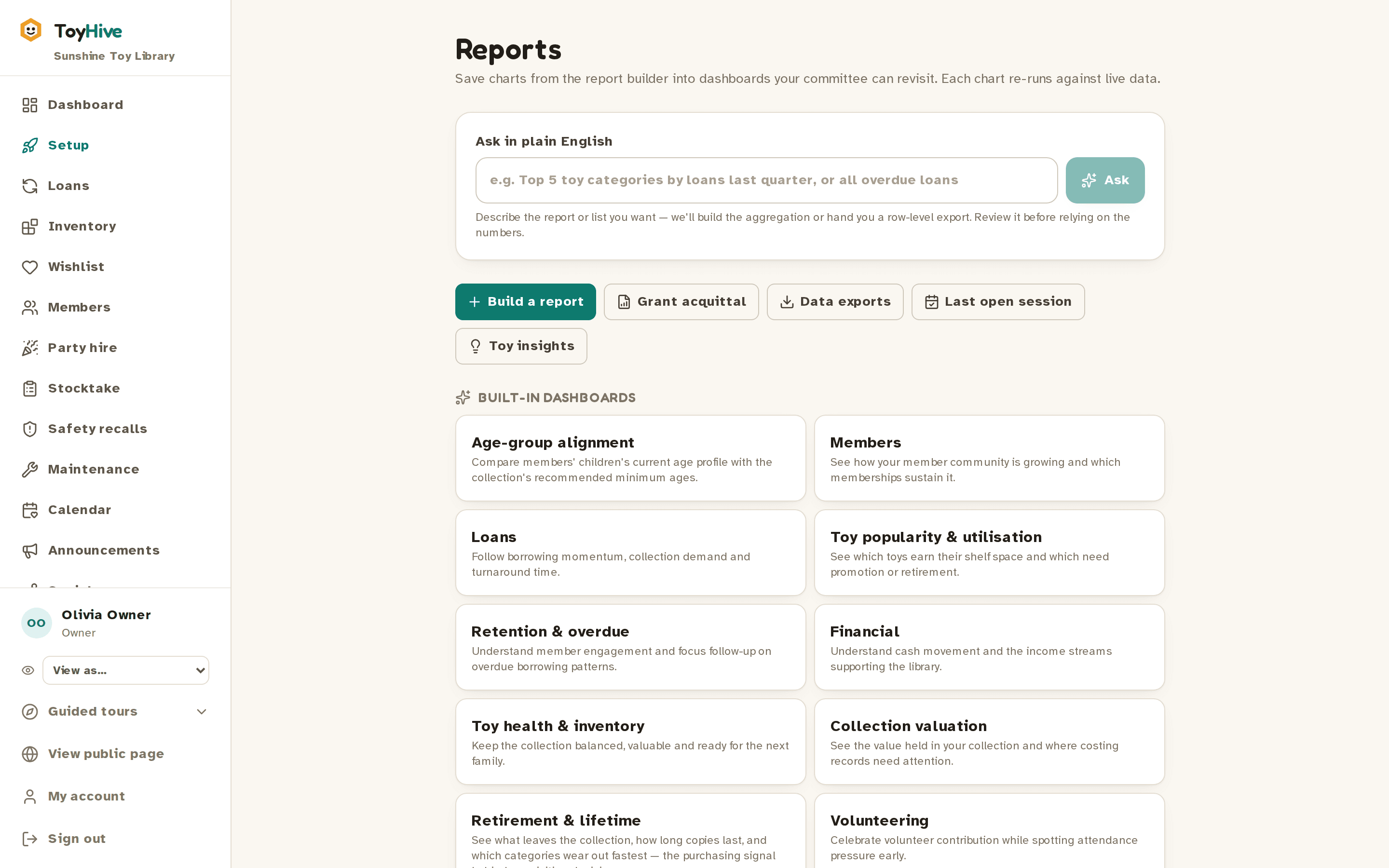 The reports page with plain-English report builder and built-in dashboards